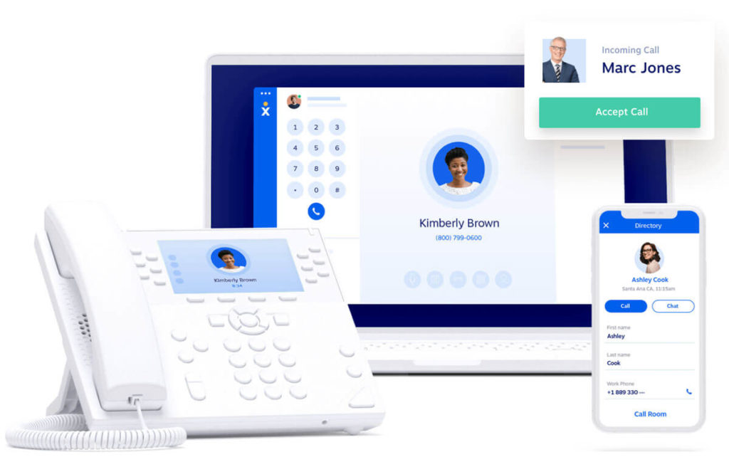 Google Voice alternative: White phone, mobile phone and laptop with the Nextiva app showing on the screens
