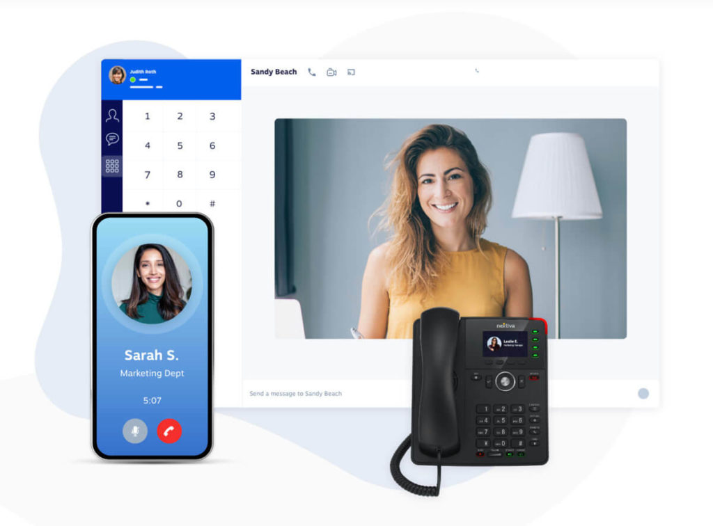 Ooma alternatives: A screenshot of Nextiva's mobile app, destop interface, and desk phone
