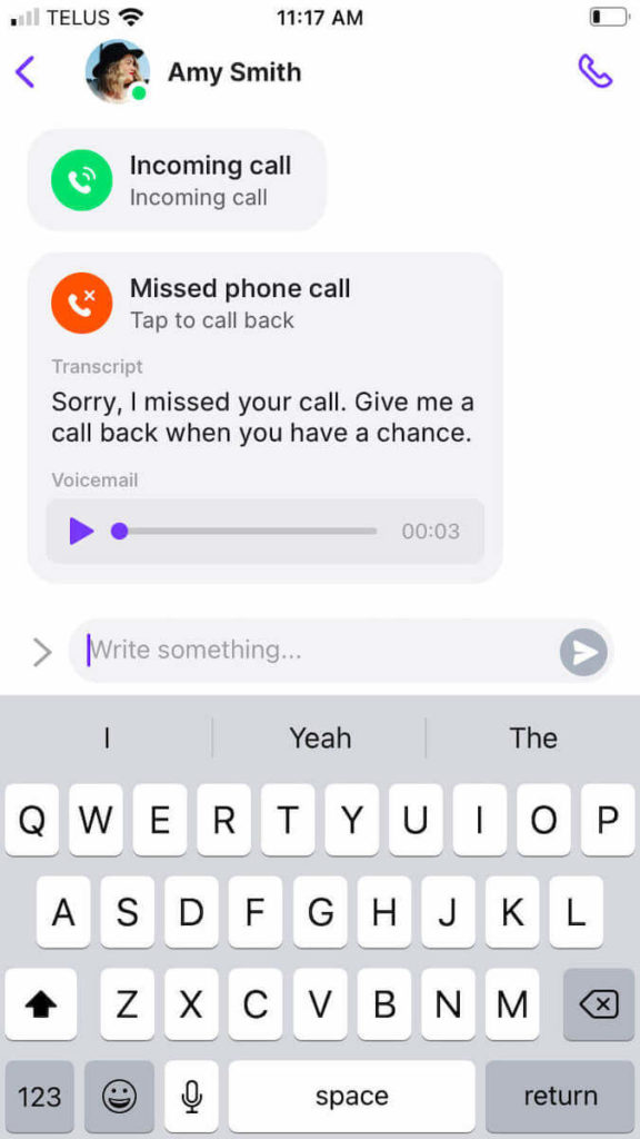 Screenshot of an OpenPhone voicemail transcription