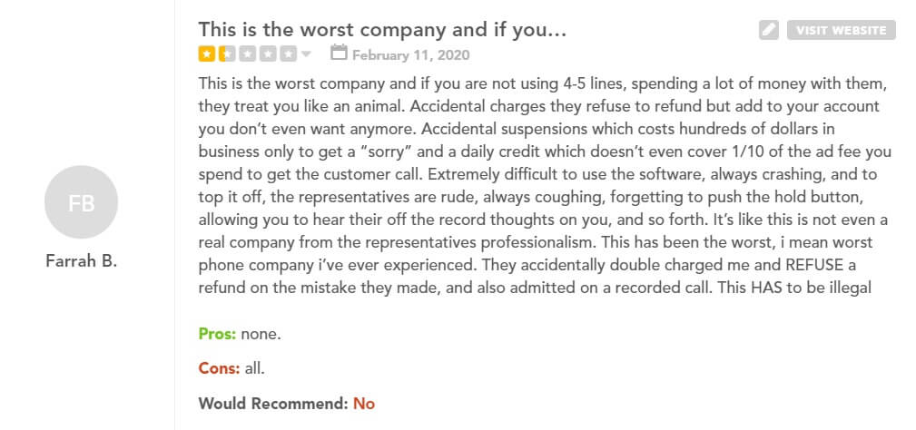 Screenshot of a Vonage business customer review