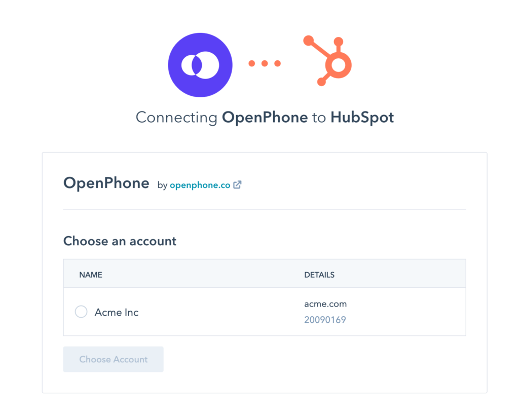 Confirm HubSpot account window to connect with OpenPhone