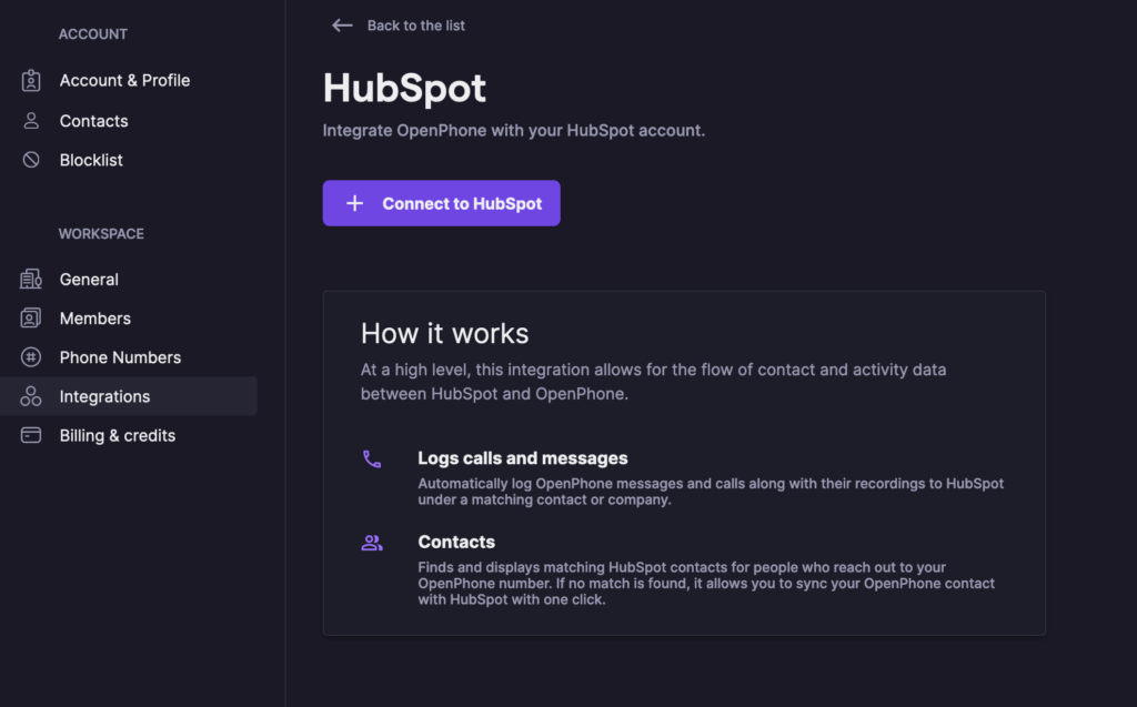Connecting HubSpot in the OpenPhone app